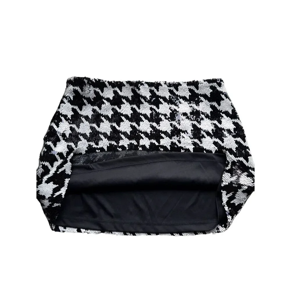 ZARA Black & White Sequined Houndstooth Mini Skirt Size L